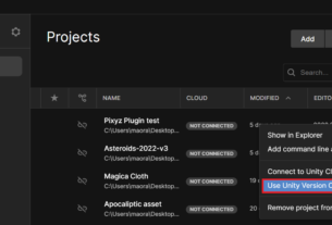 Unity Hub interface displaying a list of projects with an options menu open, highlighting "Use Unity Version Control".