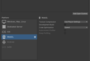 Unity Build Settings window showing WebGL selected as the platform.