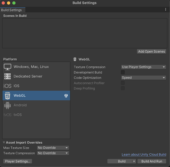 Unity Build Settings window showing WebGL selected as the platform.