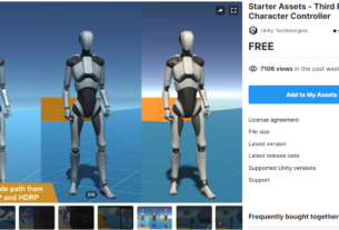 Screenshot of Starter Assets - Third Person Character Controller on Unity Asset Store, showing a 3D model of a character and details of the asset.