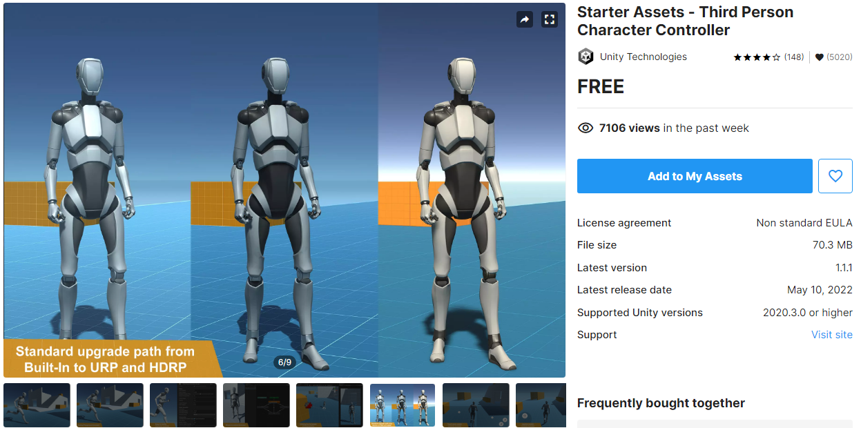 Screenshot of Starter Assets - Third Person Character Controller on Unity Asset Store, showing a 3D model of a character and details of the asset.