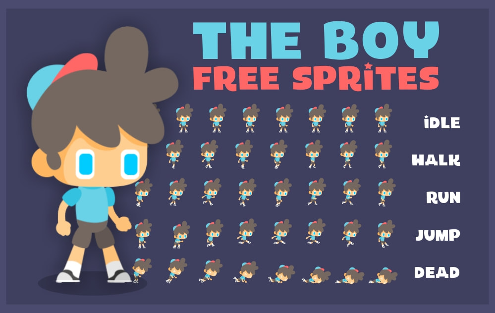 A boy wearing a blue shirt and shorts stands in front of a grid titled "Free Sprites." Text labels for different animation states are listed below the grid, including "Idle," "Walk," "Run," "Jump," and "Dead."
In the bottom right corner, there is text that says "Flatboy Opengameart."