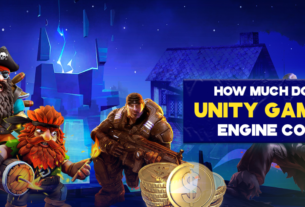 Colorful video game characters including a pirate, a dwarf, and a soldier, with a background of a mystical blue landscape and a text overlay that reads "How much does Unity Game Engine cost."