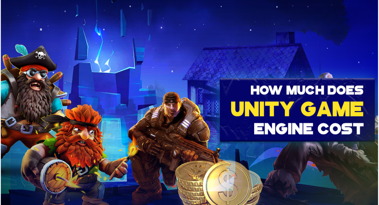 Colorful video game characters including a pirate, a dwarf, and a soldier, with a background of a mystical blue landscape and a text overlay that reads "How much does Unity Game Engine cost."