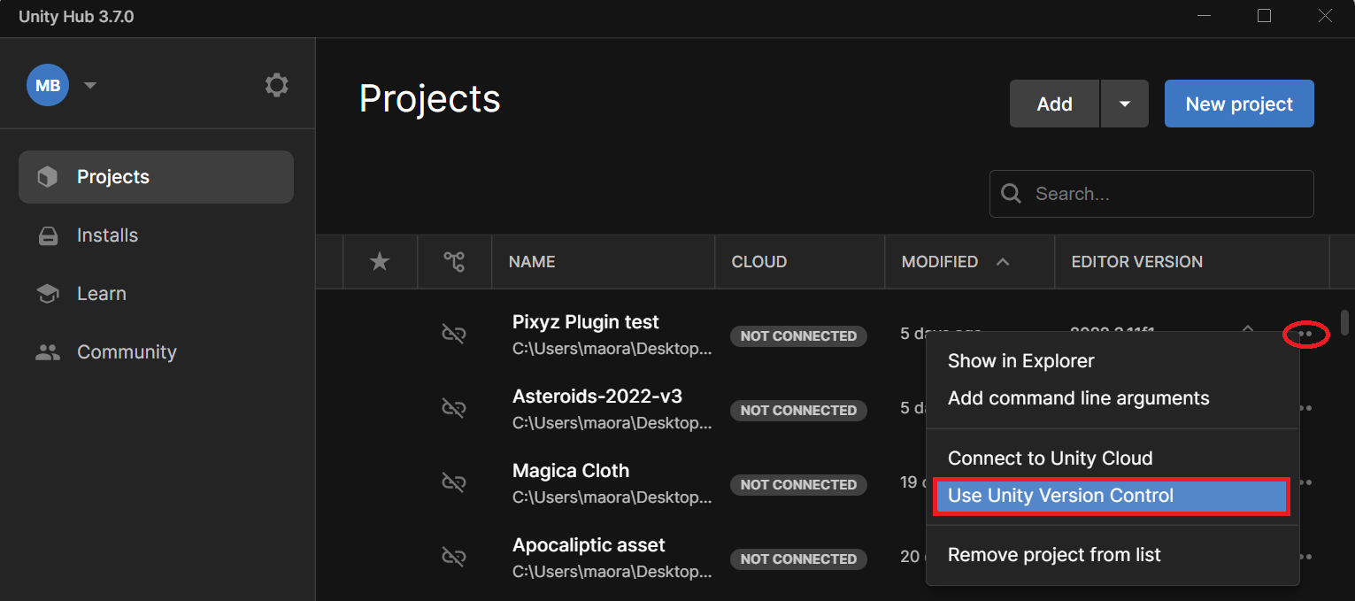 Unity Hub interface displaying a list of projects with an options menu open, highlighting "Use Unity Version Control".