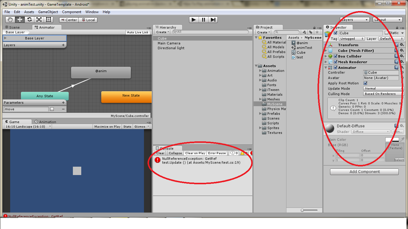 Screenshot of Unity Editor showing a NullReferenceException error in the console.