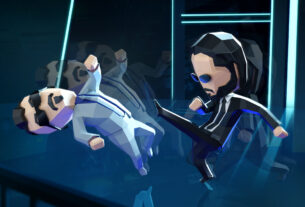 Low-poly characters from a Unity mobile game in an action scene, featuring a character in a black suit kicking another character in a white suit.