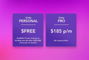 Comparison chart showing Unity Personal and Unity Pro pricing and revenue conditions.